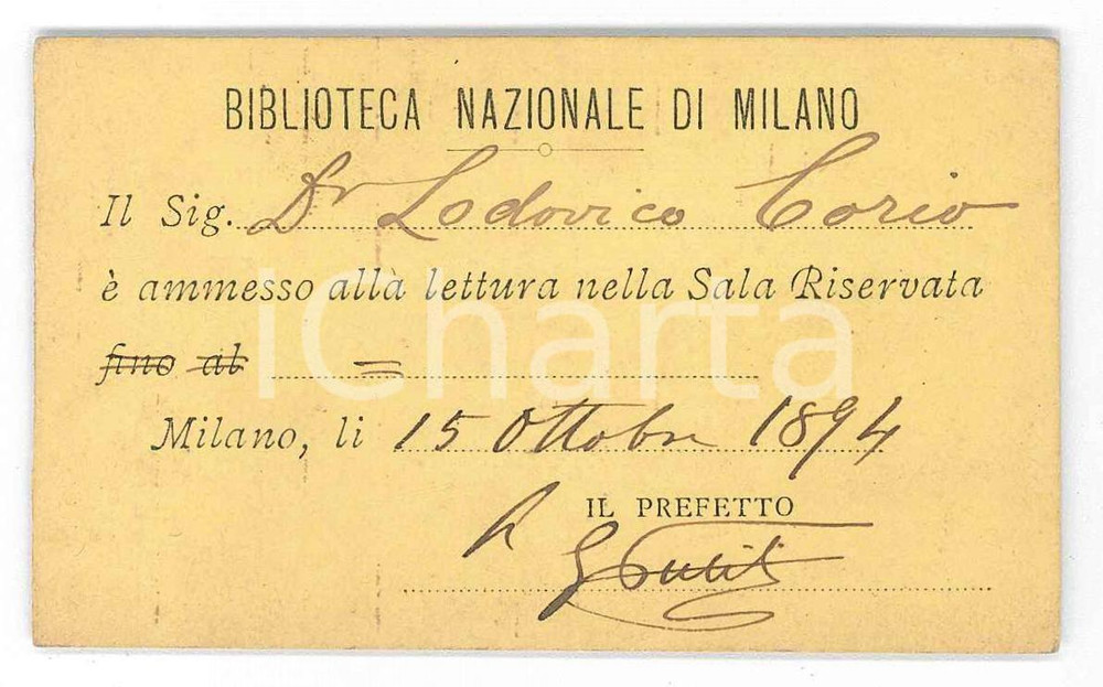 Oggetto da collezione cartaceo 1894 MILANO Biblioteca Nazionale  Tessera di Lodovico CORIO per sala riservata 1