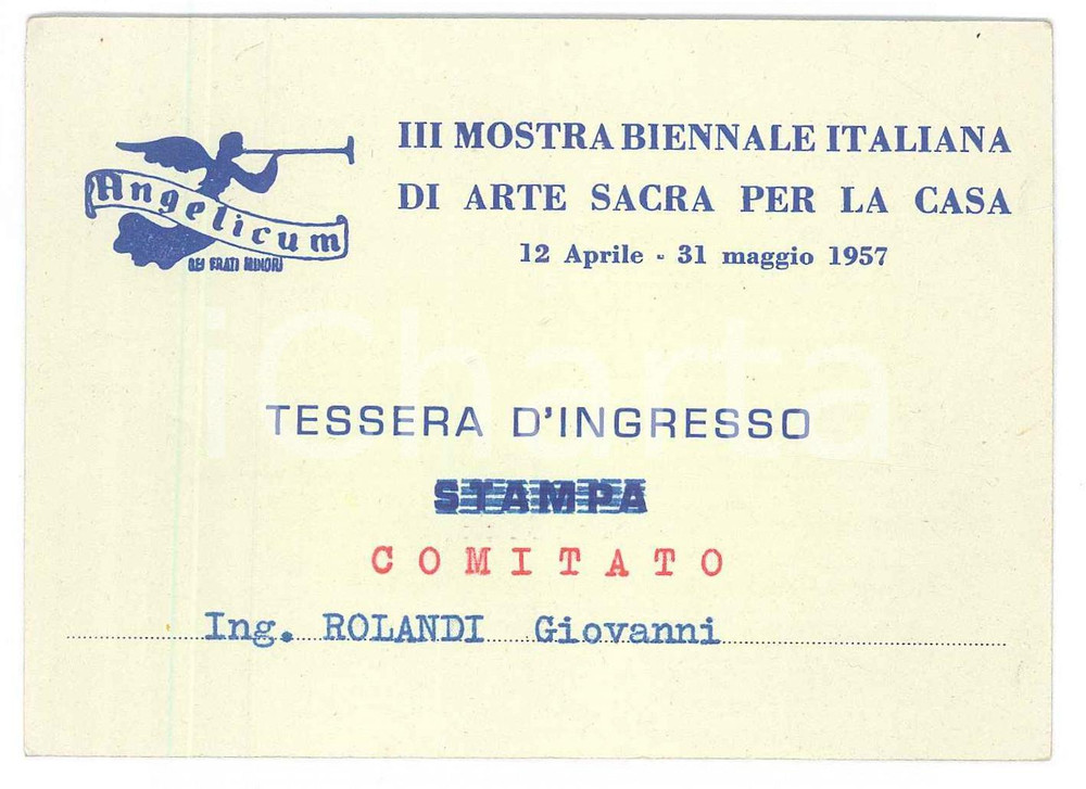 Oggetto da collezione cartaceo 1957 MILANO  ANGELICUM Biennale Arte Sacra  Tessera Ing. Giovanni ROLANDI 1