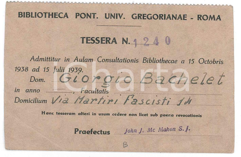 Oggetto da collezione cartaceo 1938 ROMA Bibliotheca Pont. Univ. Gregorianae  Tessera di Giorgio BACHELET 11x7 1