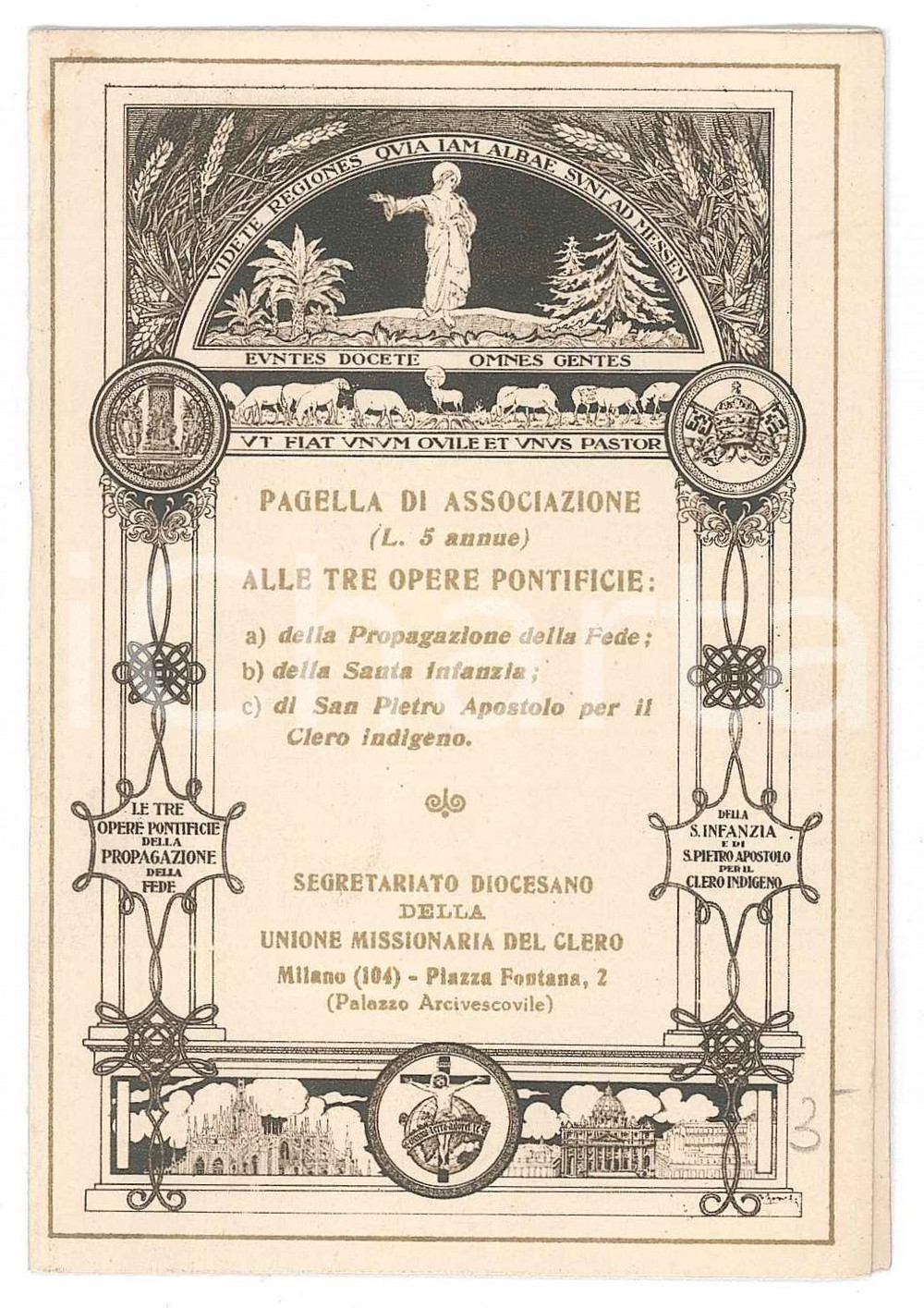 Oggetto da collezione cartaceo 1930 ca MILANO Unione missionaria del clero  Associazione tre opere pontificie 1