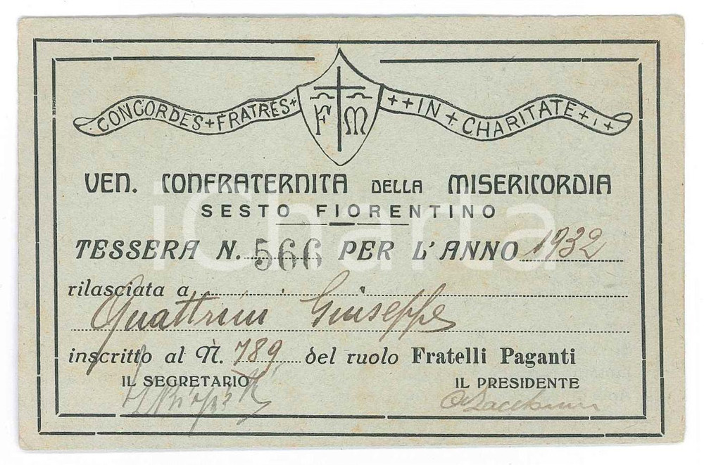 Oggetto da collezione cartaceo 1932 SESTO FIORENTINO Confraternita della misericordia  Tessera 11x7 cm 1