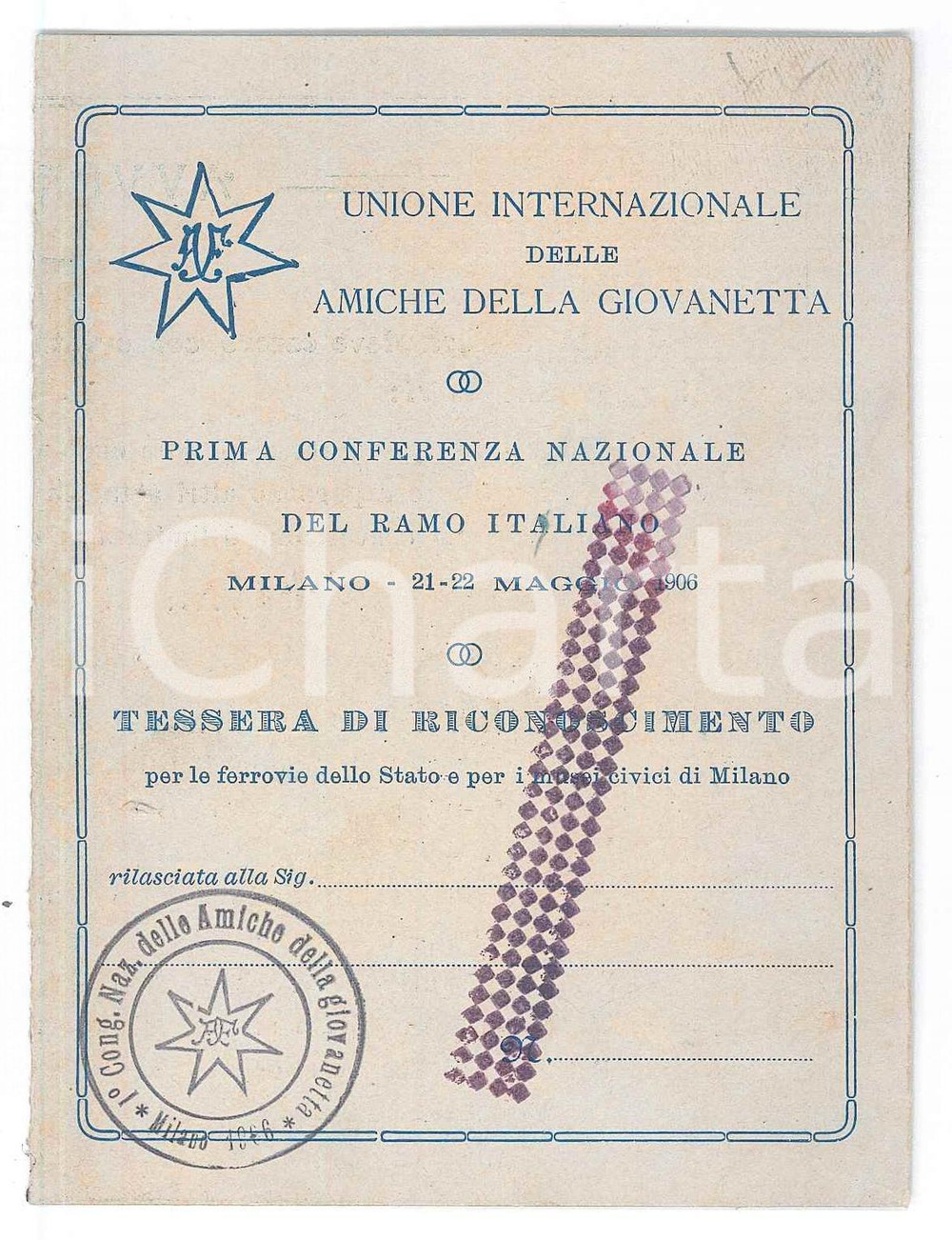 Oggetto da collezione cartaceo 1906 MILANO Unione amiche della giovanetta  Prima conferenza nazionale Tessera 1