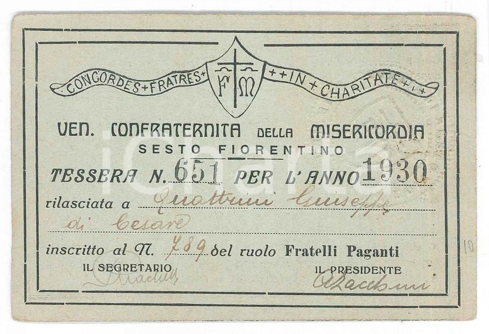 1930 SESTO FIORENTINO Confraternita della misericordia - Tessera 11x7 cm