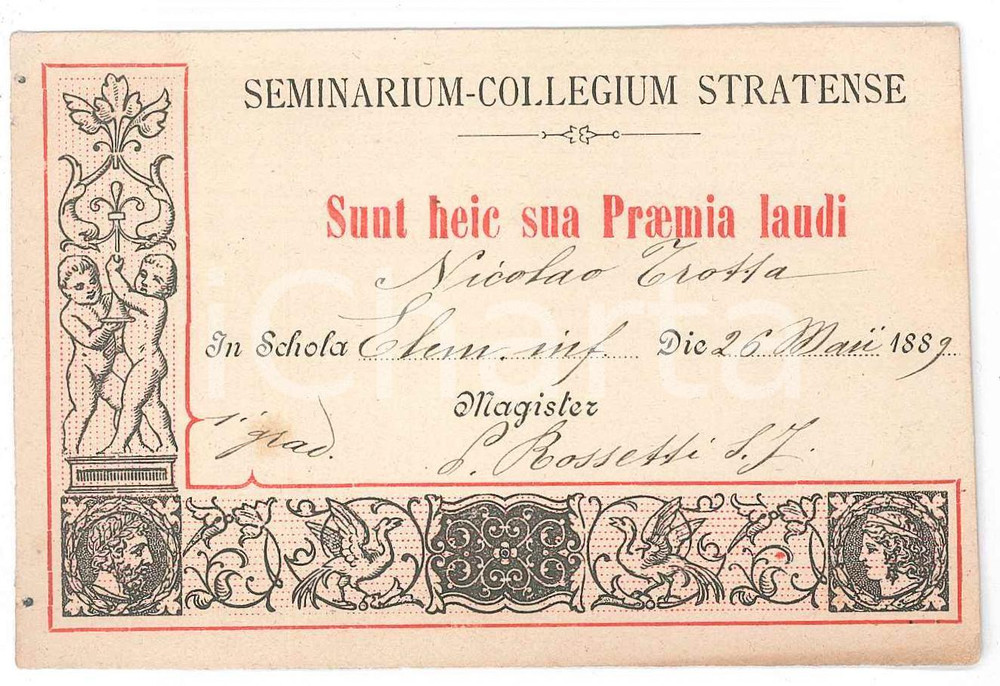 Oggetto da collezione cartaceo 1889 SEMINARIUM COLLEGIUM STRATENSE Tessera di Nicolao TROTTA 10x7 cm 1