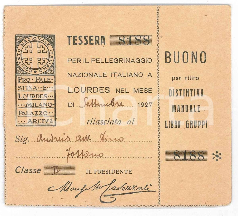 Oggetto da collezione cartaceo 1927 MILANO Comitato pro Palestina e Lourdes  Tessere pellegrinaggio a LOURDES 1
