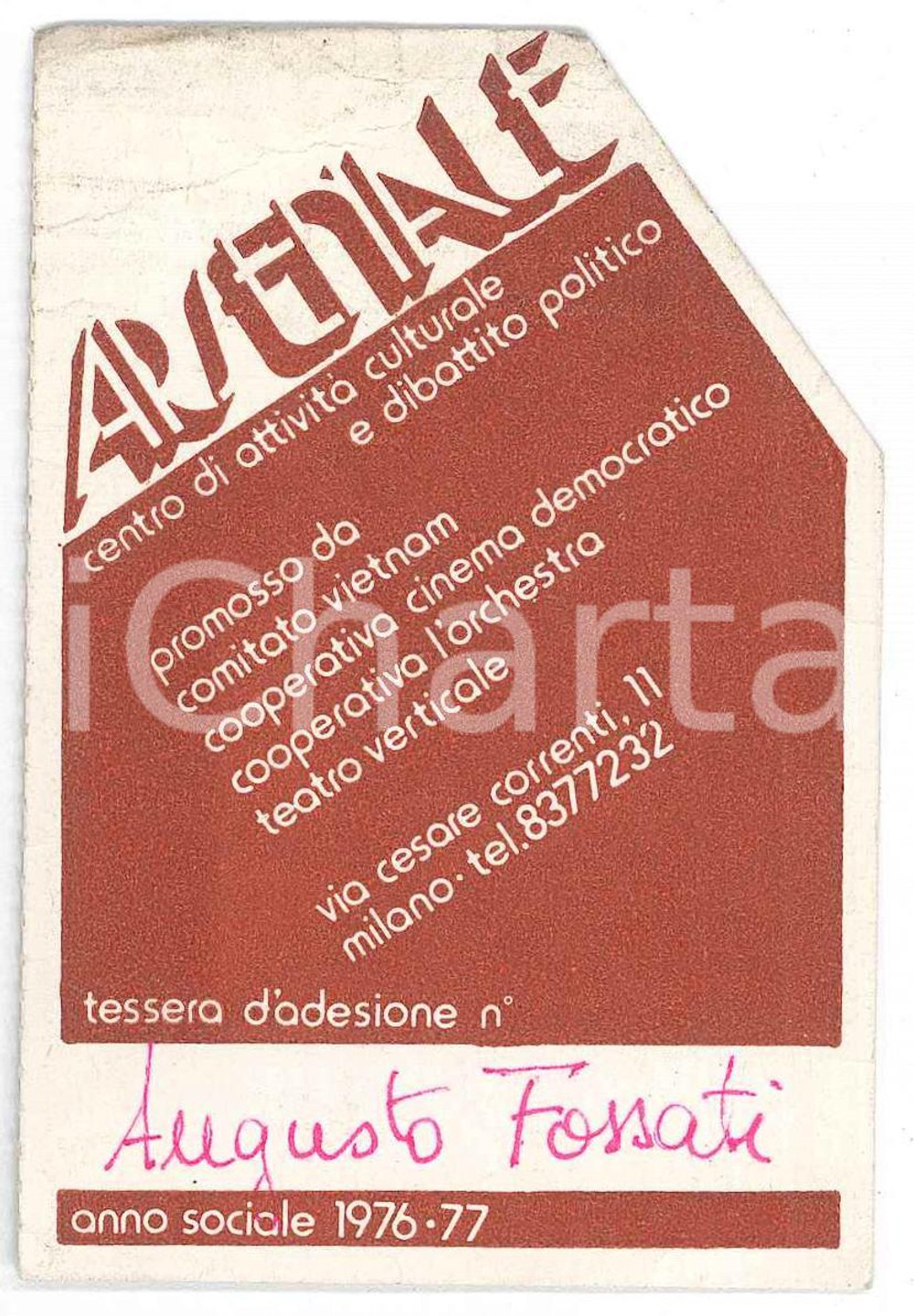 1976 MILANO Centro culturale Arsenale - Tessera di Augusto FOSSATI 6x9 cm