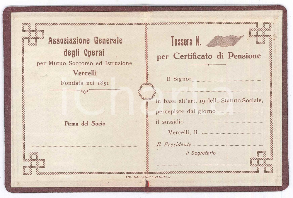 Oggetto da collezione cartaceo 1910 ca VERCELLI Associazione generale degli operai  Tessera non compilata 1