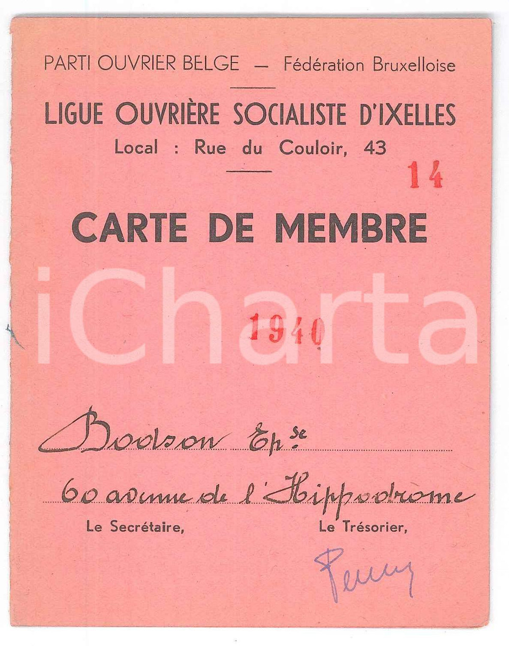 Oggetto da collezione cartaceo 1940 IXELLES Parti Ouvrier Belge  Ligue Ouvrière Socialiste – Carte de membre 1