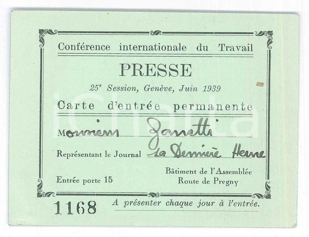 Oggetto da collezione cartaceo 1939 GENEVE ConfÃ©rence di ytravail  Carte de presse Journal DERNIÃˆRE HEURE 1