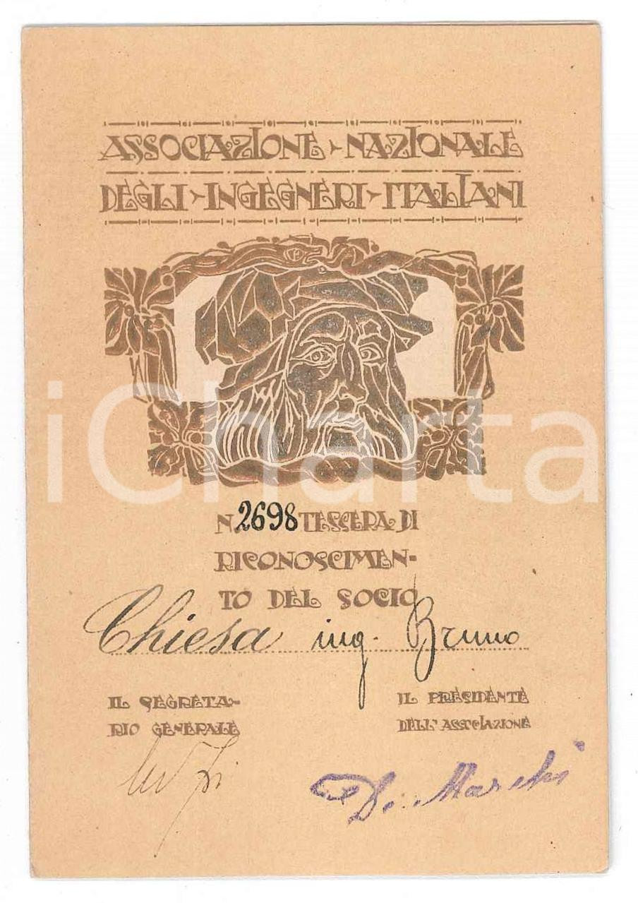 Oggetto da collezione cartaceo 1922 VENEZIA Associazione degli Ingegneri Italiani  Tessera di Bruno CHIESA 1