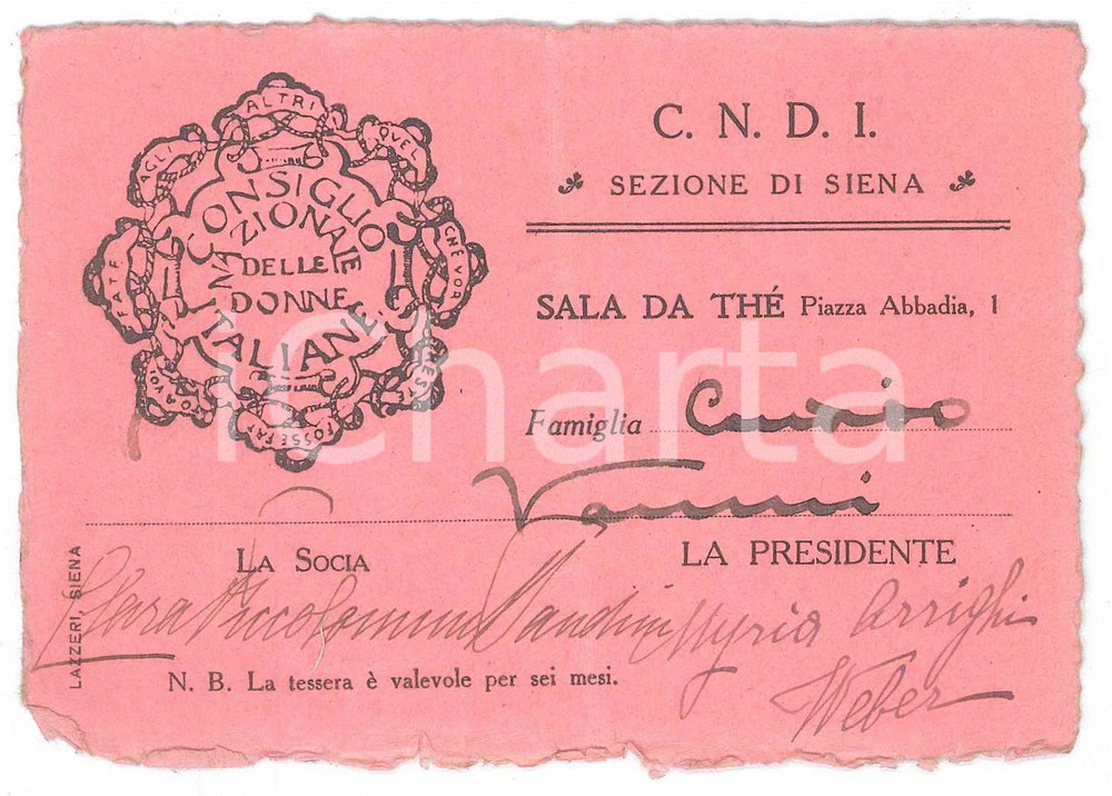 Oggetto da collezione cartaceo 1910 ca SIENA  CNDI Consiglio Nazionale delle Donne Italiane  Tessera 11x8 cm 1
