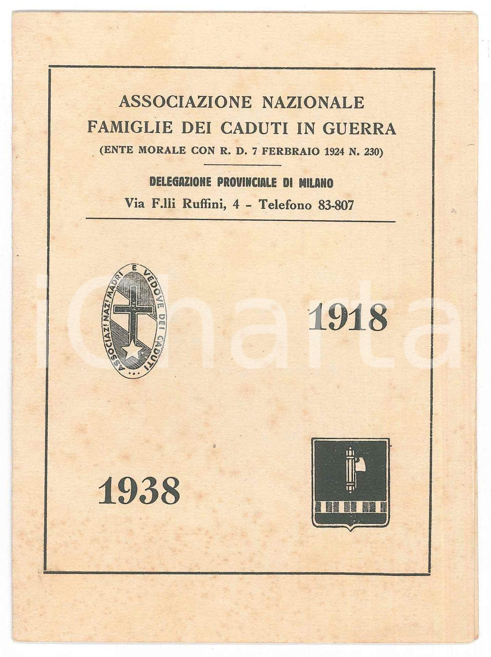 Oggetto da collezione cartaceo 1938 MILANO Ass. Famiglie dei Caduti in guerra  Programma per il ventennale 1