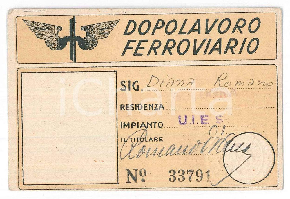 Oggetto da collezione cartaceo 1950 BOLOGNA Dopolavoro ferroviario  Impianto UIES Tessera 10x6 cm 1