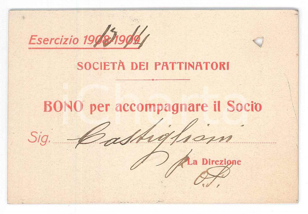 Oggetto da collezione cartaceo 1913 MILANO SocietÃ  dei pattinatori  Bono per accompagnare il socio  10x7 cm 1