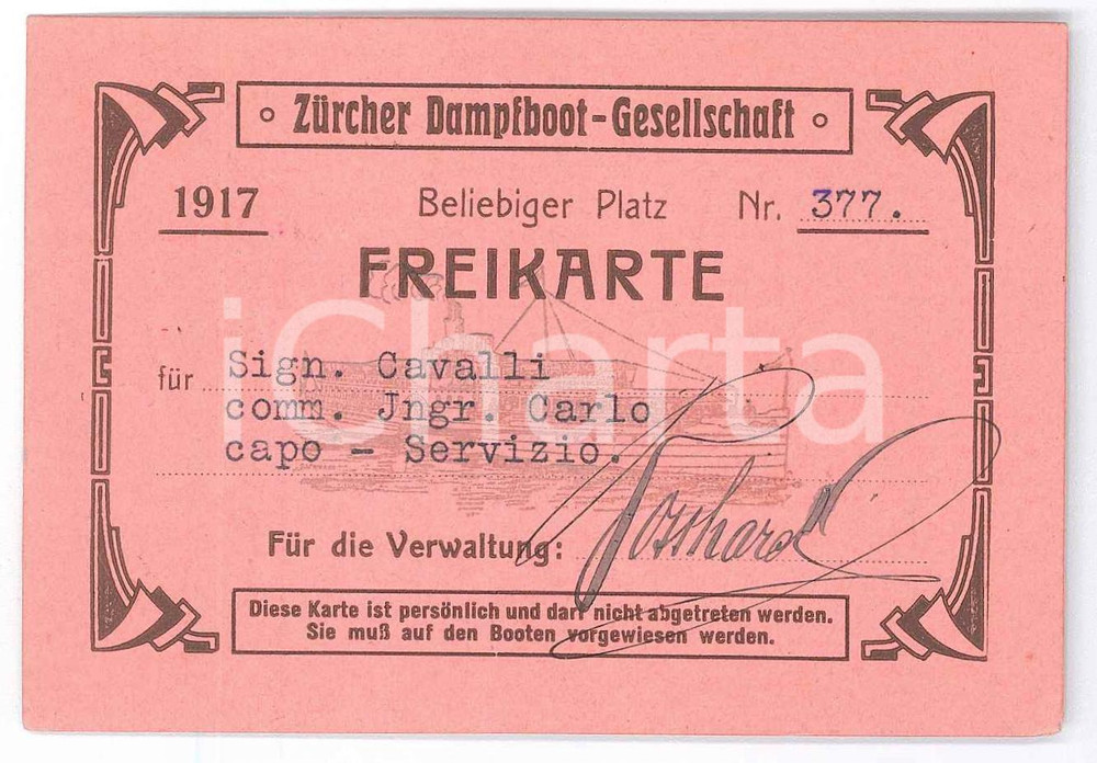 Oggetto da collezione cartaceo 1917 ZURICH ZÃ¼rcher Campfboot Gesellschaft  Freikarte 10x7 cm 1