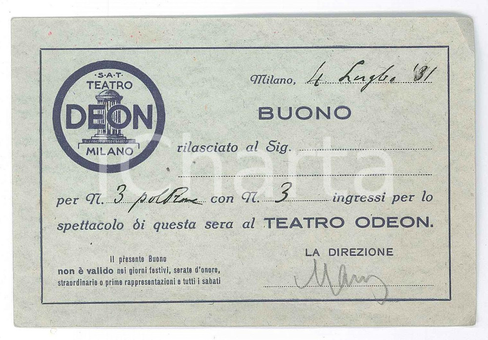 Oggetto da collezione cartaceo 1931 MILANO Teatro Odeon  Buono per tre ingressi 12x8 cm 1