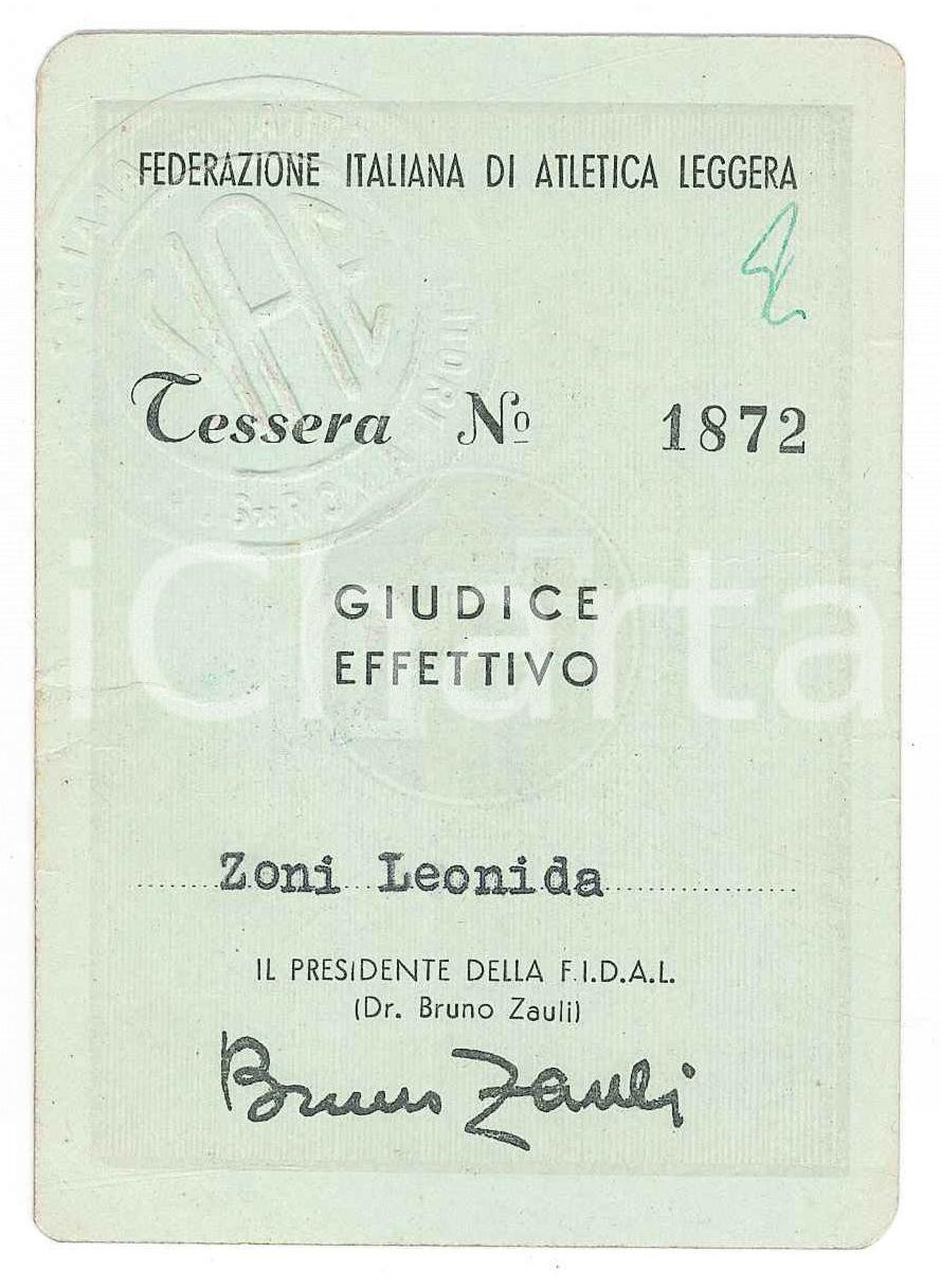 Oggetto da collezione cartaceo 1952 FIDAL Federazione Atletica Leggera  Tessera giudice Leonida ZONI  7x9 cm 1