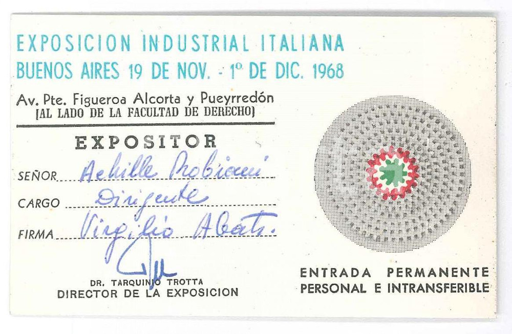 Oggetto da collezione cartaceo 1968 BUENOS AIRES Exposicion industrial italiana  Tessera di Achille ROBIANI 1