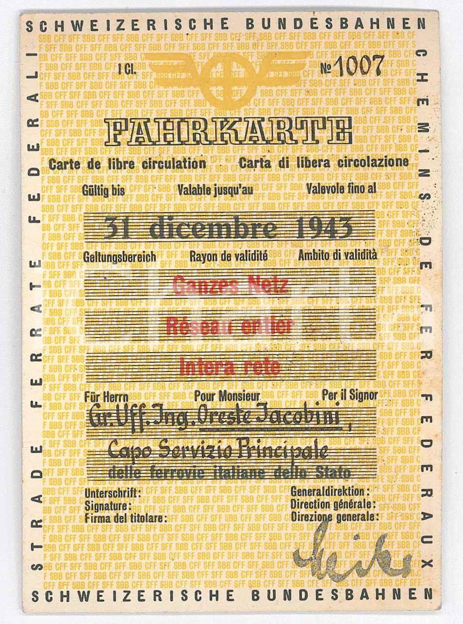 Oggetto da collezione cartaceo 1943 SVIZZERA  SFF Strade Ferrate Federali  Carta di libera circolazione 7x10 1