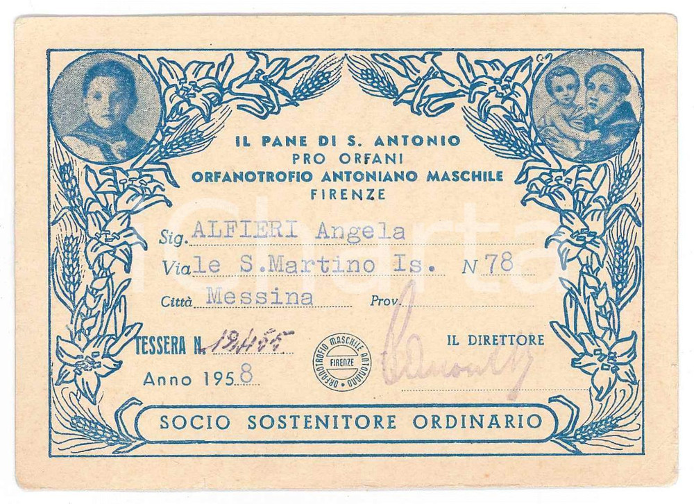 1958 FIRENZE Orfanotrofio antoniano maschile PANE DI SANT'ANTONIO Tessera socio
