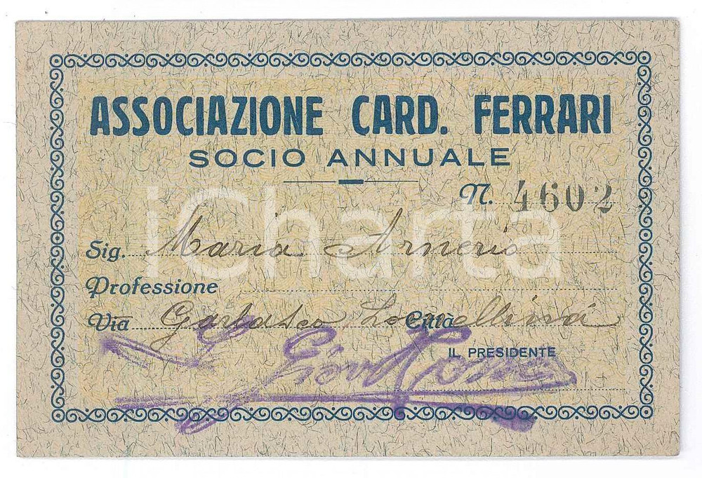 Oggetto da collezione cartaceo 1925 MILANO Associazione Cardinal Ferrari  Tessera socio annuale 10x7 cm 1