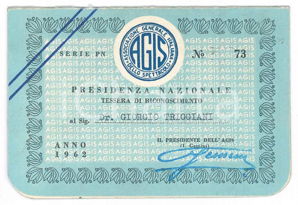 Oggetto da collezione cartaceo 1962 AGIS LOMBARDIA Presidenza Nazionale  Tessera di Giorgio TRIGGIANI 1