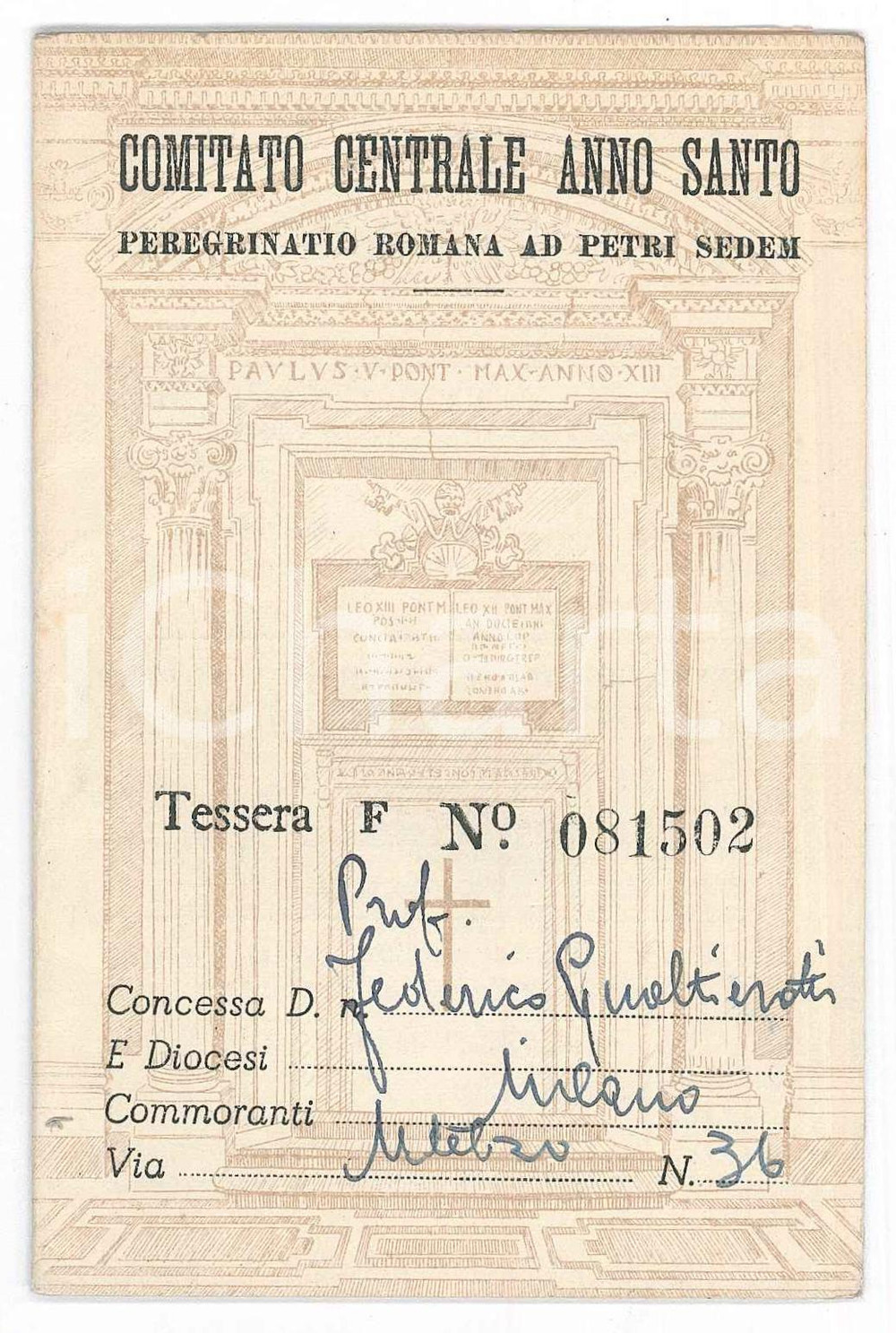 Oggetto da collezione cartaceo 1950 COMITATO CENTRALE ANNO SANTO Carta del pellegrino di Federico GUALTIEROTTI 1