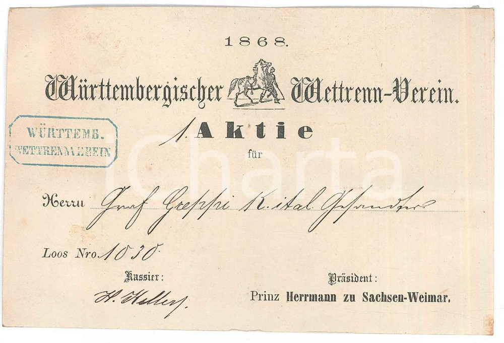 Oggetto da collezione cartaceo 1868 WURTTEMBERG WÃ¼rttembergischer wettrennverein  Tessera di GREPPI 13x9 cm 1