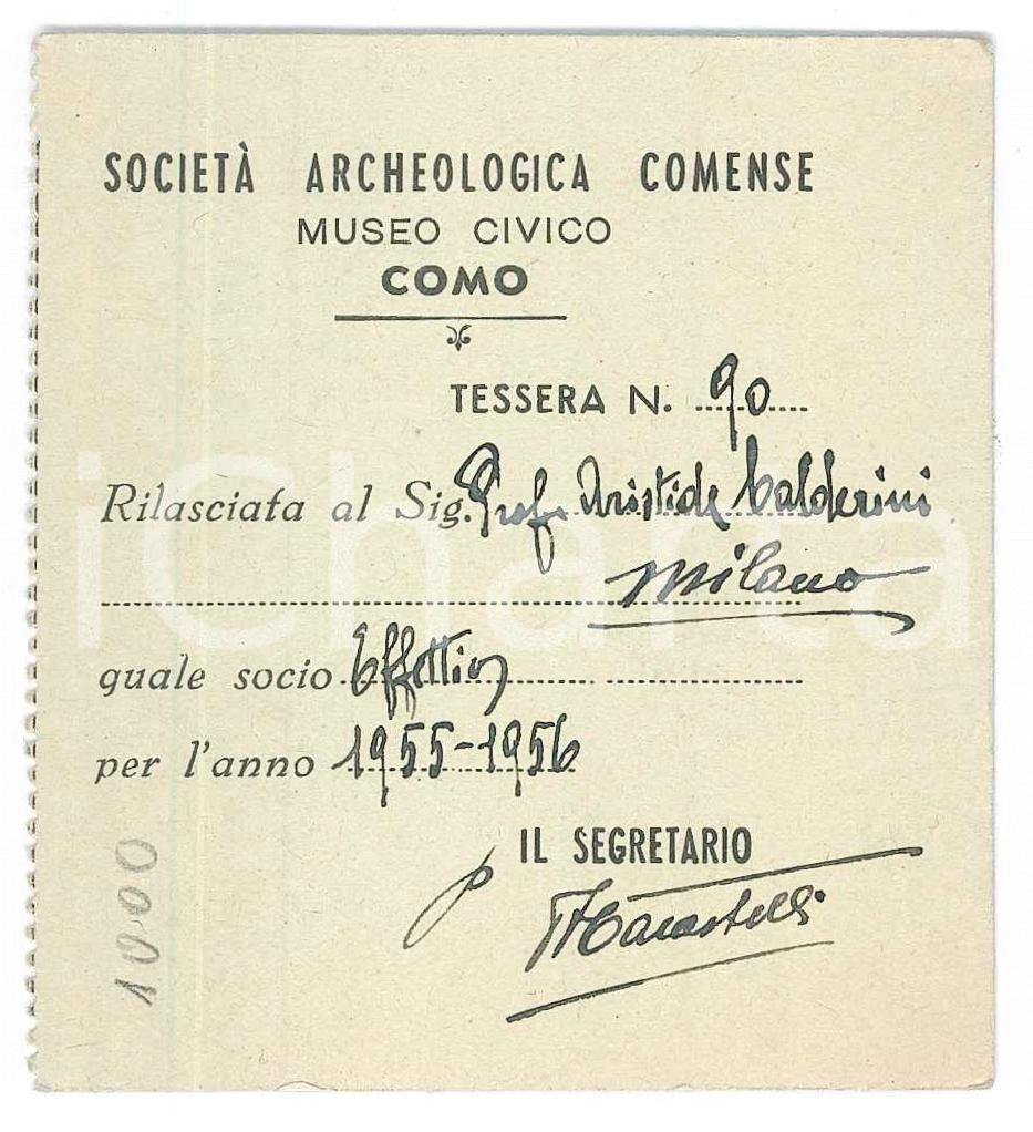 Oggetto da collezione cartaceo 1955 COMO SocietÃ  Archeologica Comense  Tessera di Aristide CALDERINI 7x8 cm 1