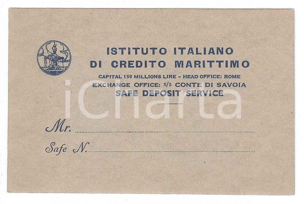 Oggetto da collezione cartaceo 1920 ca ROMA Istituto italiano di credito marittimo  Tessera 10x6 cm 1