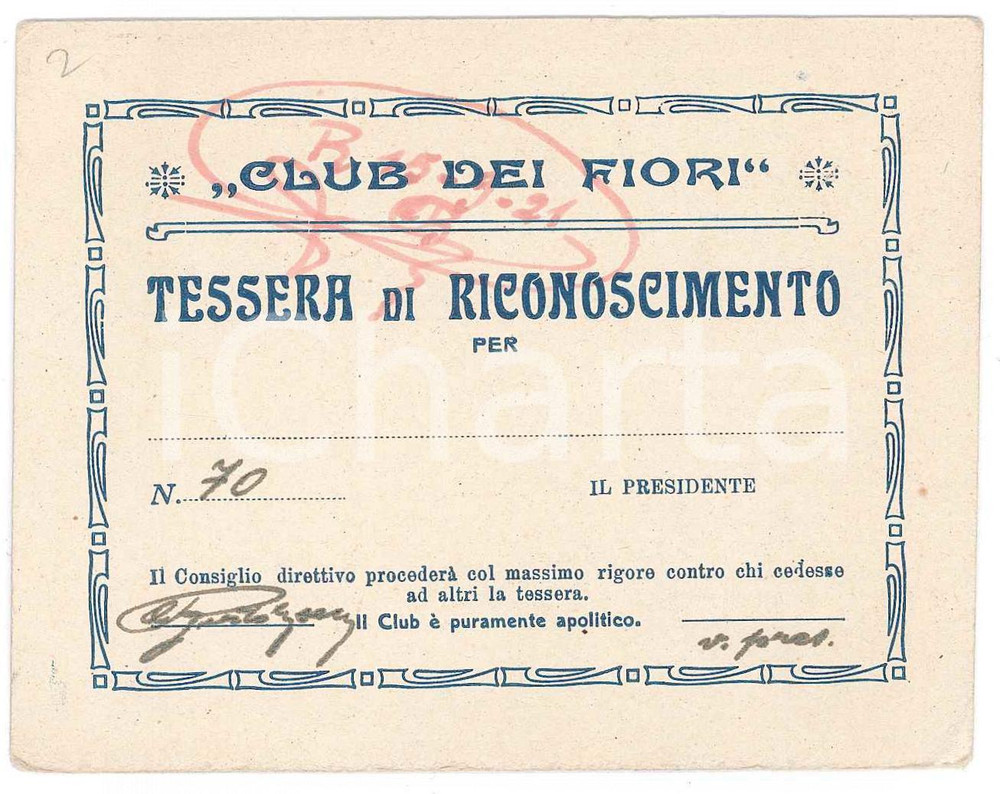 Oggetto da collezione cartaceo 1921 ITALIA  CLUB DEI FIORI Tessera di riconoscimento 10x8 cm 1