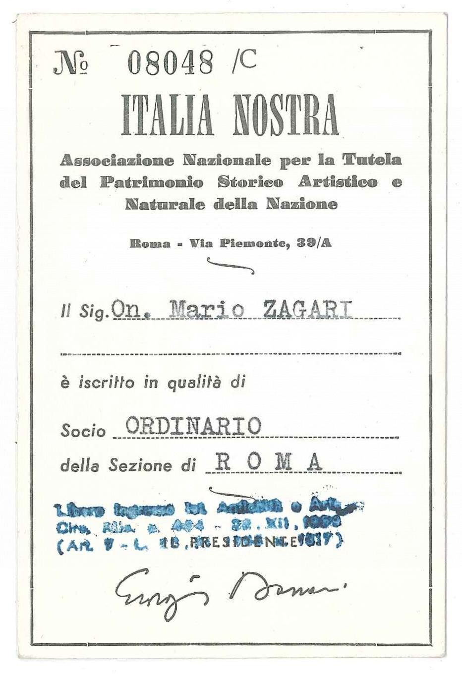 Oggetto da collezione cartaceo 1966 ITALIA NOSTRA Sezione di ROMA Tessera dell Onorevole Mario ZAGARI  7x11 cm 1