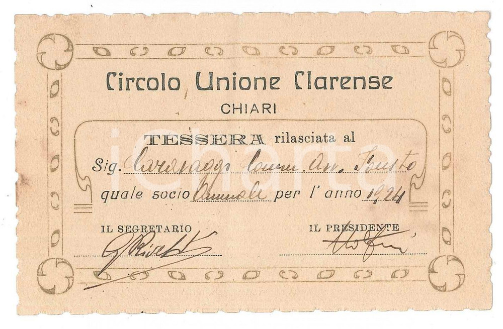 Oggetto da collezione cartaceo 1924 CHIARI Circolo Unione Clarense  Tessera dell Avv. Fausto CARAVAGGI 11x7 cm 1