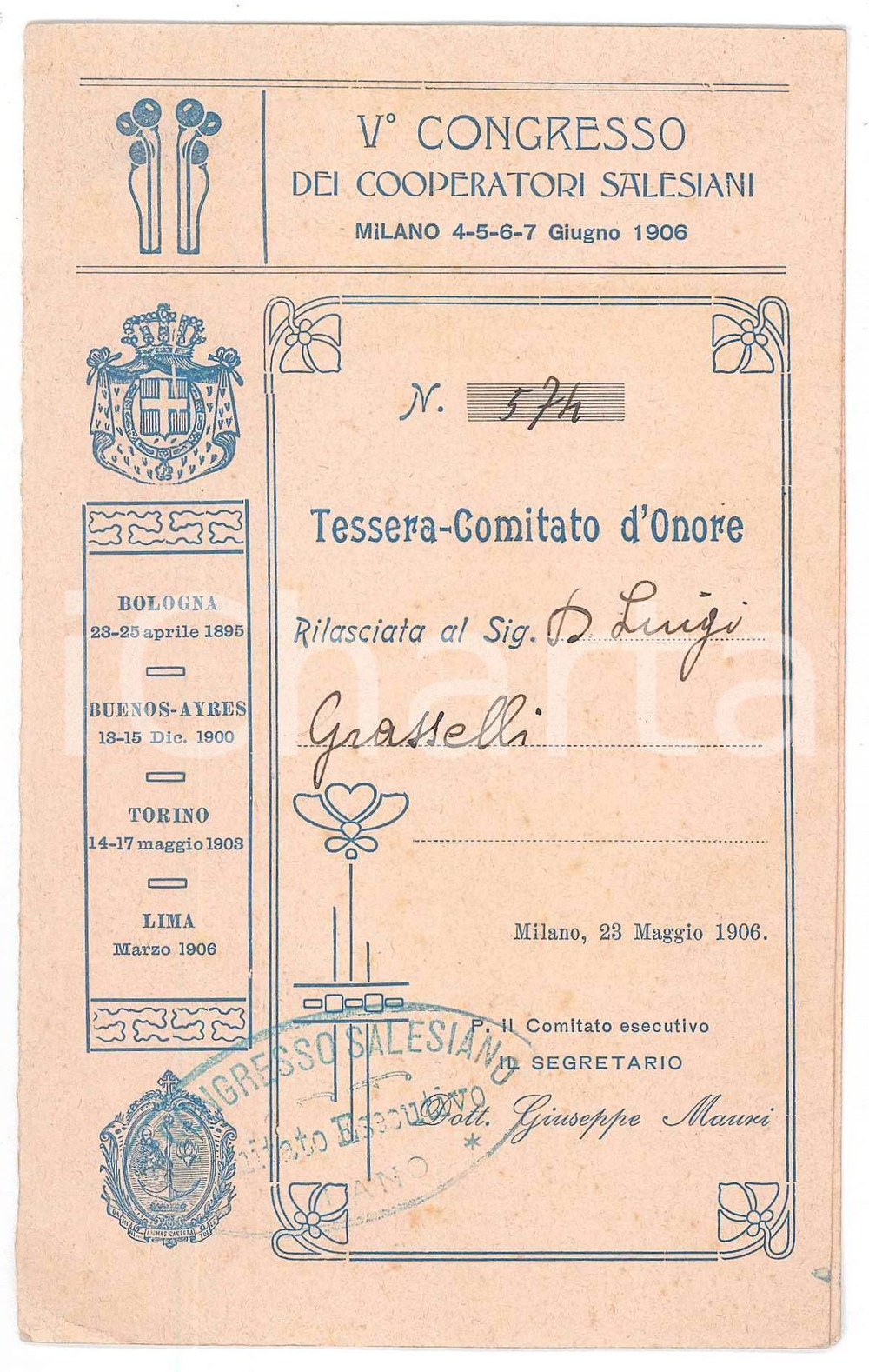Oggetto da collezione cartaceo 1906 MILANO VÂ° Congresso cooperatori salesiani  Tessera di Luigi GRASSELLI 9x15 1