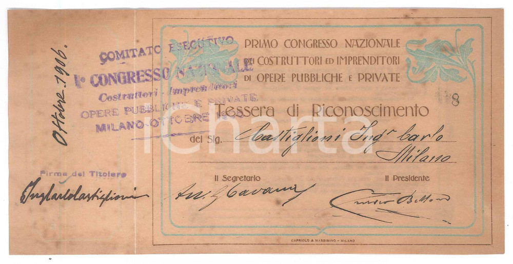Oggetto da collezione cartaceo 1906 MILANO 1Â° Congresso Nazionale Costruttori e Imprenditori Tessera 1