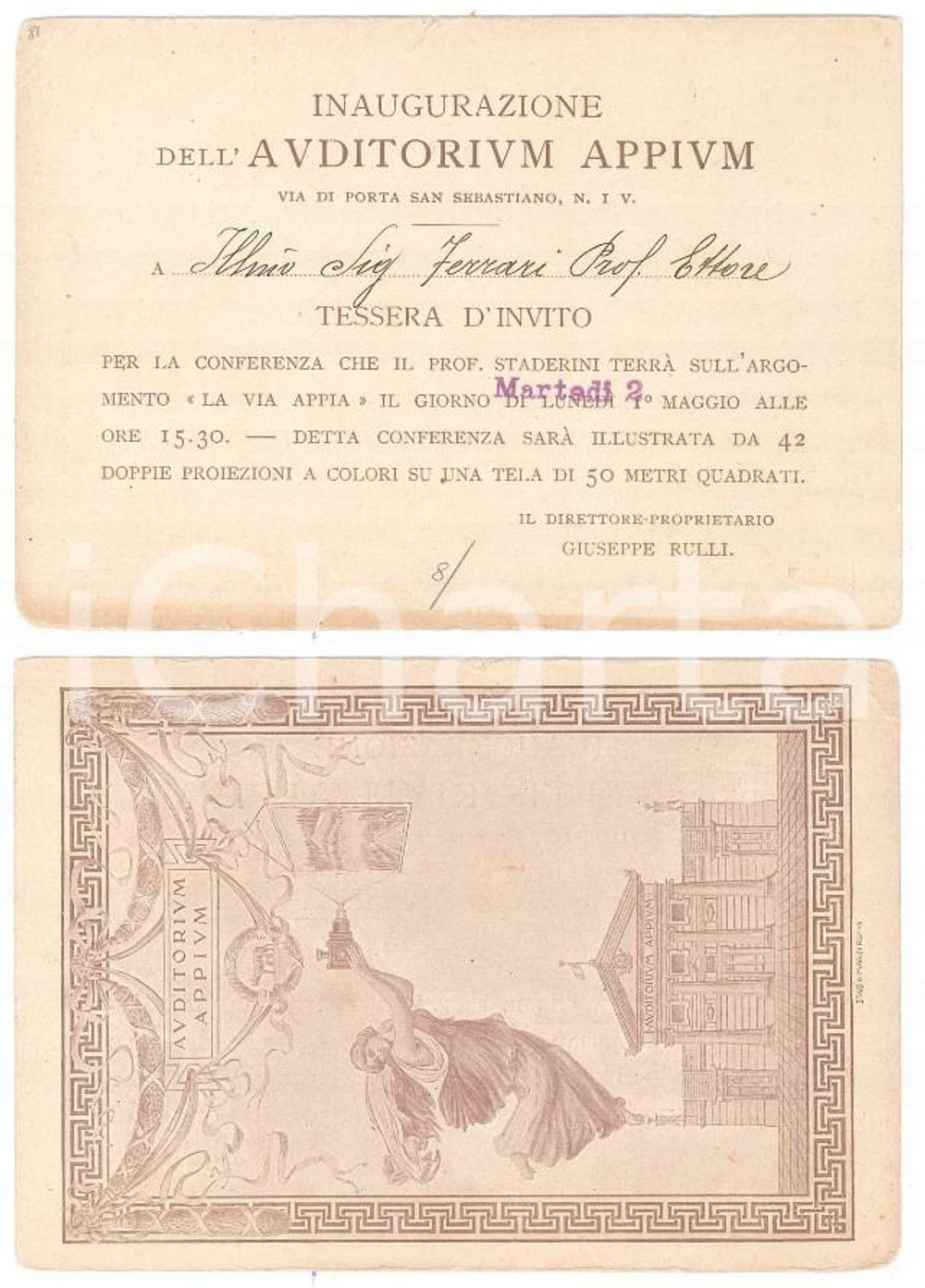 1910 ca ROMA Invito al prof. Ettore FERRARI per inaugurazione Auditorium Appium