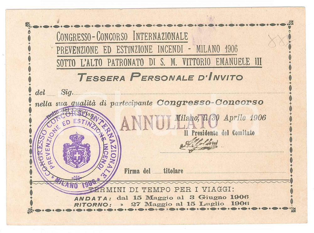 Oggetto da collezione cartaceo 1906 MILANO Congresso prevenzione ed estinzione incendi  Tessera di invito 13x9 1