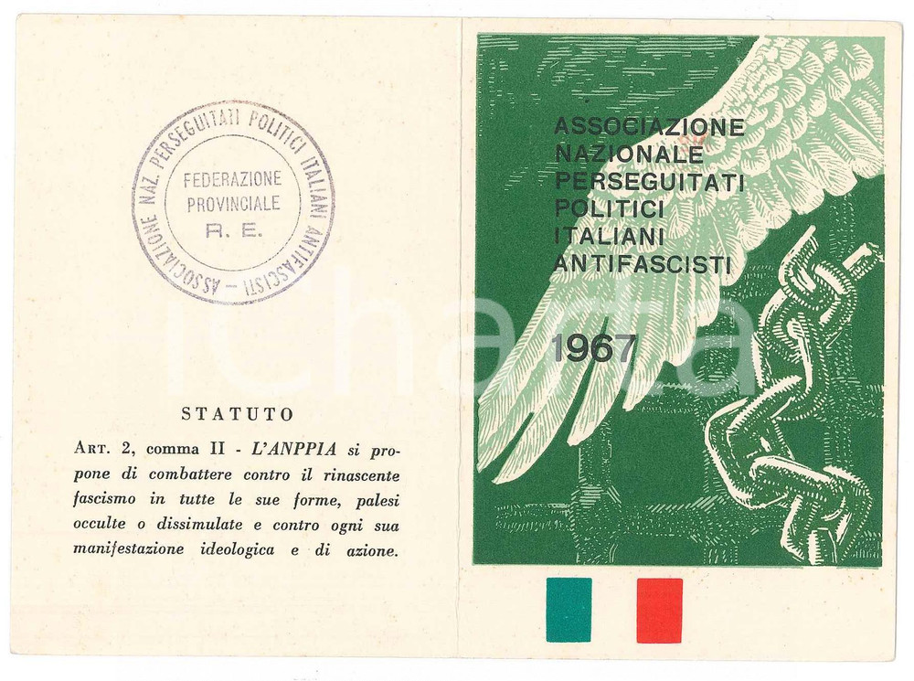 Oggetto da collezione cartaceo 1967 ANPPIA Sez. CADELBOSCO SOPRA Tessera Perseguitati Politici Antifascisti 1