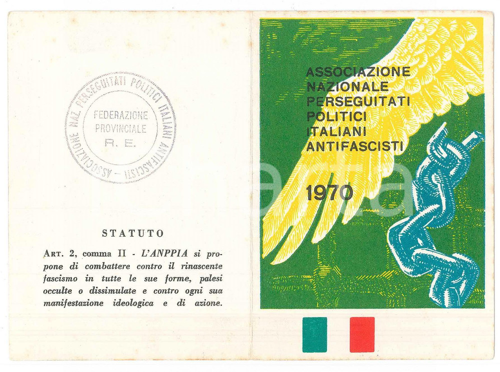 Oggetto da collezione cartaceo 1970 ANPPIA Sez. CADELBOSCO SOPRA Tessera Perseguitati Politici Antifascisti 1