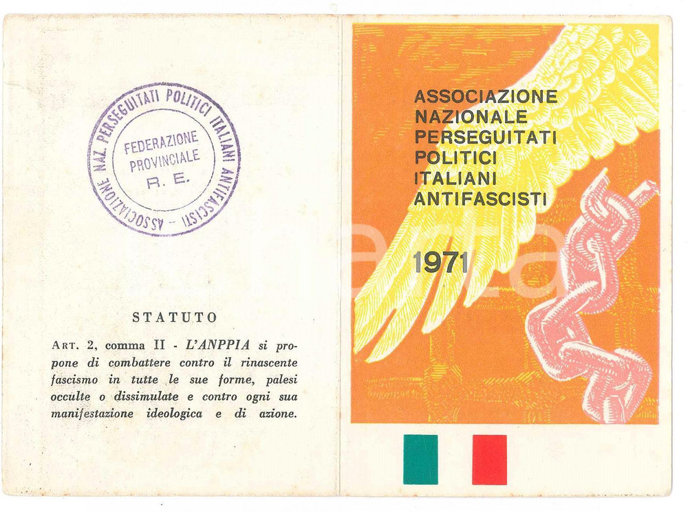 Oggetto da collezione cartaceo 1971 ANPPIA  REGGIO EMILIA Tessera Perseguitati Politici Italiani Antifascisti 1
