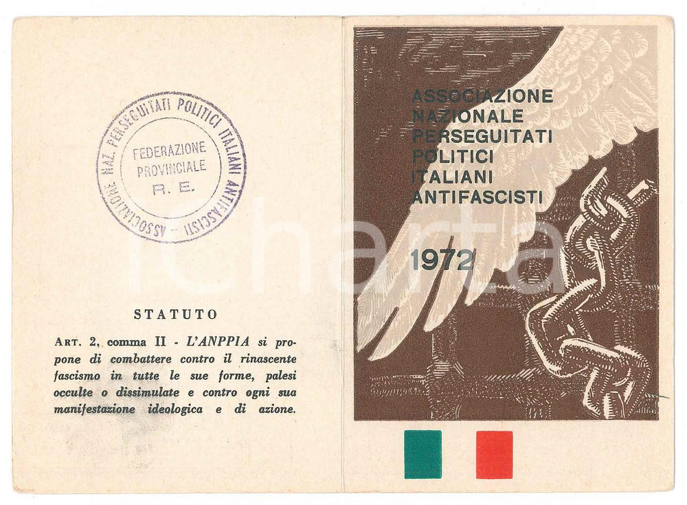 Oggetto da collezione cartaceo 1972 ANPPIA  REGGIO EMILIA Tessera Perseguitati Politici Italiani Antifascisti 1