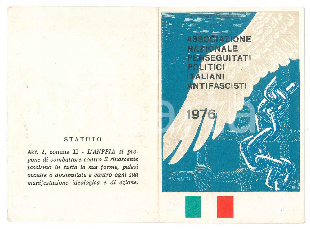 Oggetto da collezione cartaceo 1976 ANPPIA Sezione FERRARA Tessera Perseguitati Politici Italiani Antifascisti 1