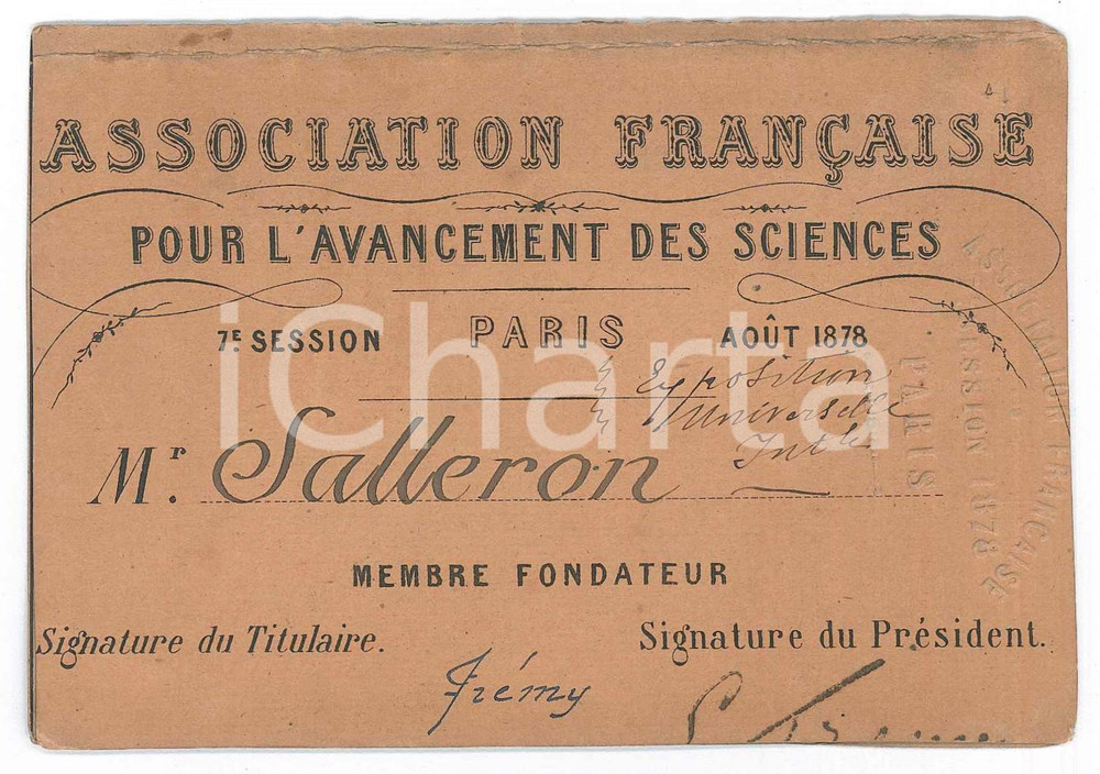 Oggetto da collezione cartaceo 1878 PARIS Association francaise avancement des sciences  Carte de Mr. SALLERON 1