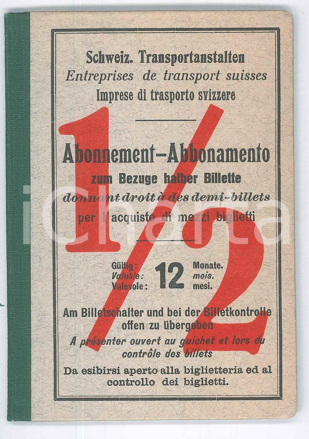 Oggetto da collezione cartaceo 1930 ca SCHWEIZ TRANSPORTANSTALTEN  Abonnement 12 Monate Specimen 1