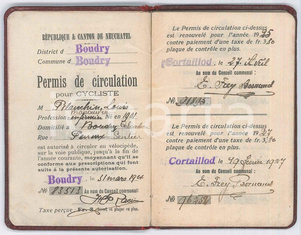Oggetto da collezione cartaceo 1927 BOUDRY SUISSE Permis de circulation cycliste Louis BLANCHIN 57 p. 1
