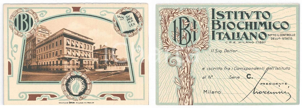 Oggetto da collezione cartaceo 1930 ca MILANO Istituto Biochimico Italiano  Tessera non compilata 10x7 cm 1