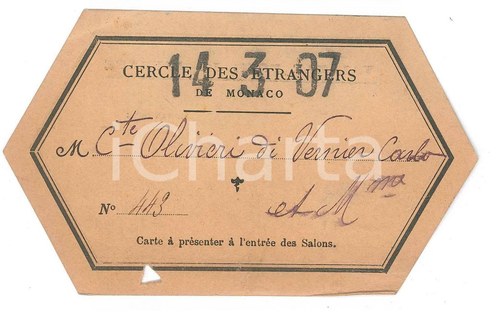 Oggetto da collezione cartaceo 1915 ca MONACO Cercle des Etrangers  Carte comte Carlo OLIVIERI DI VERNIER 1