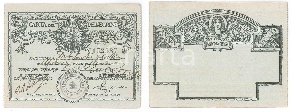 Oggetto da collezione cartaceo 1925 DIOCESI DI MODENA  GIUBILEO Carta del pellegrino  Tessera 12x9 cm 1