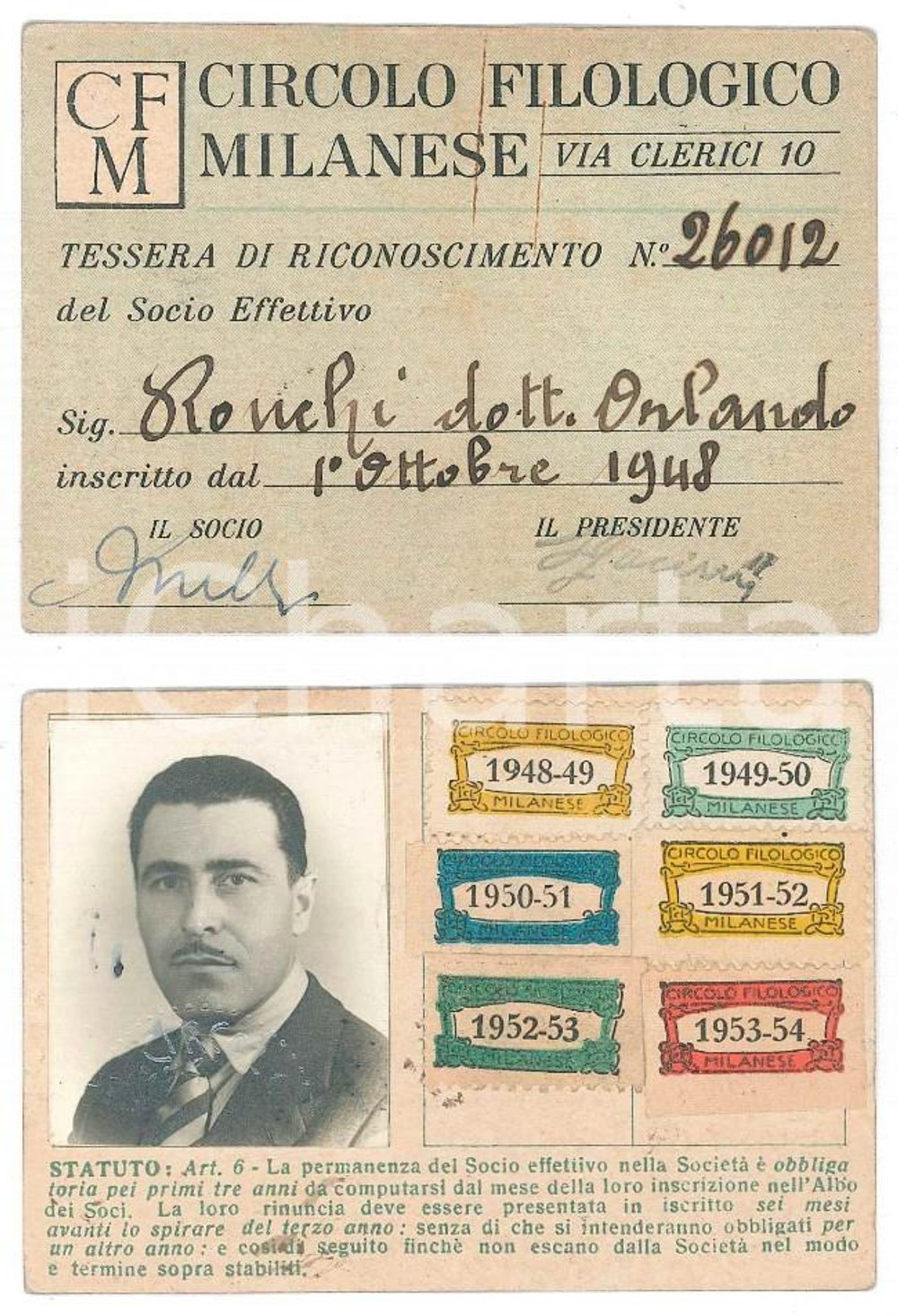 Oggetto da collezione cartaceo 1948 MILANO Circolo filologico milanese  Tessera di Orlando RONCHI 10x7 cm 1