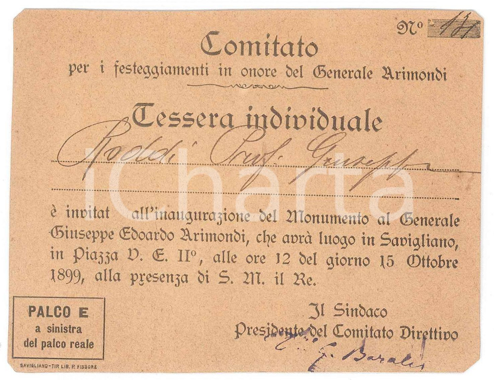 Oggetto da collezione cartaceo 1899 SAVIGLIANO Inaugurazione statua Generale Giuseppe Edoardo ARIMONDI Tessera 1